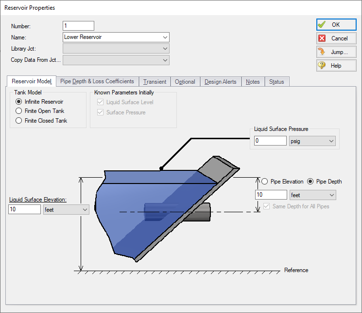 The Reservoir Properties window with Infinite Reservoir selected for the Tank Model.